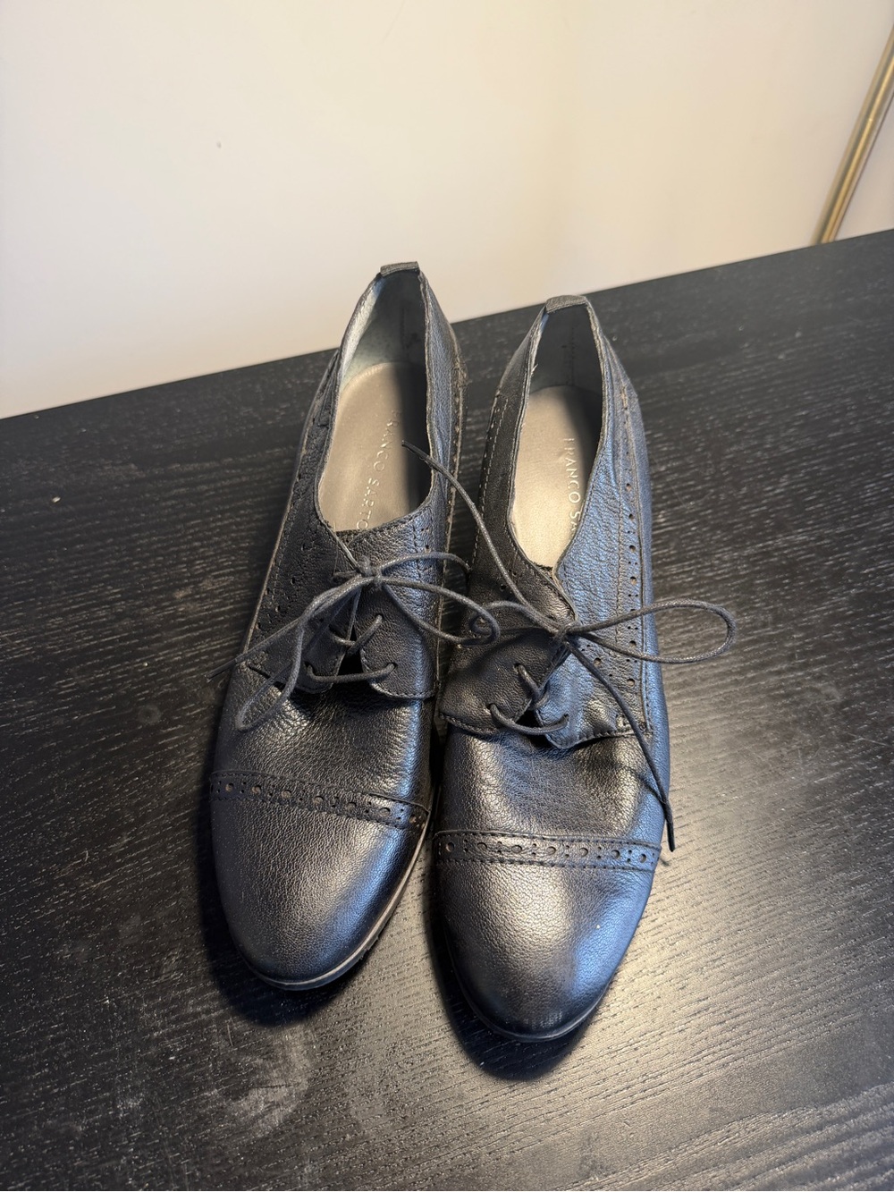 Franco Sarto Alberta Heeled Oxfords Black Leather Brogue Sz 9.5